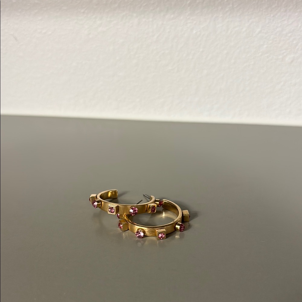 Gold and Pink Stone Hoop Earrings